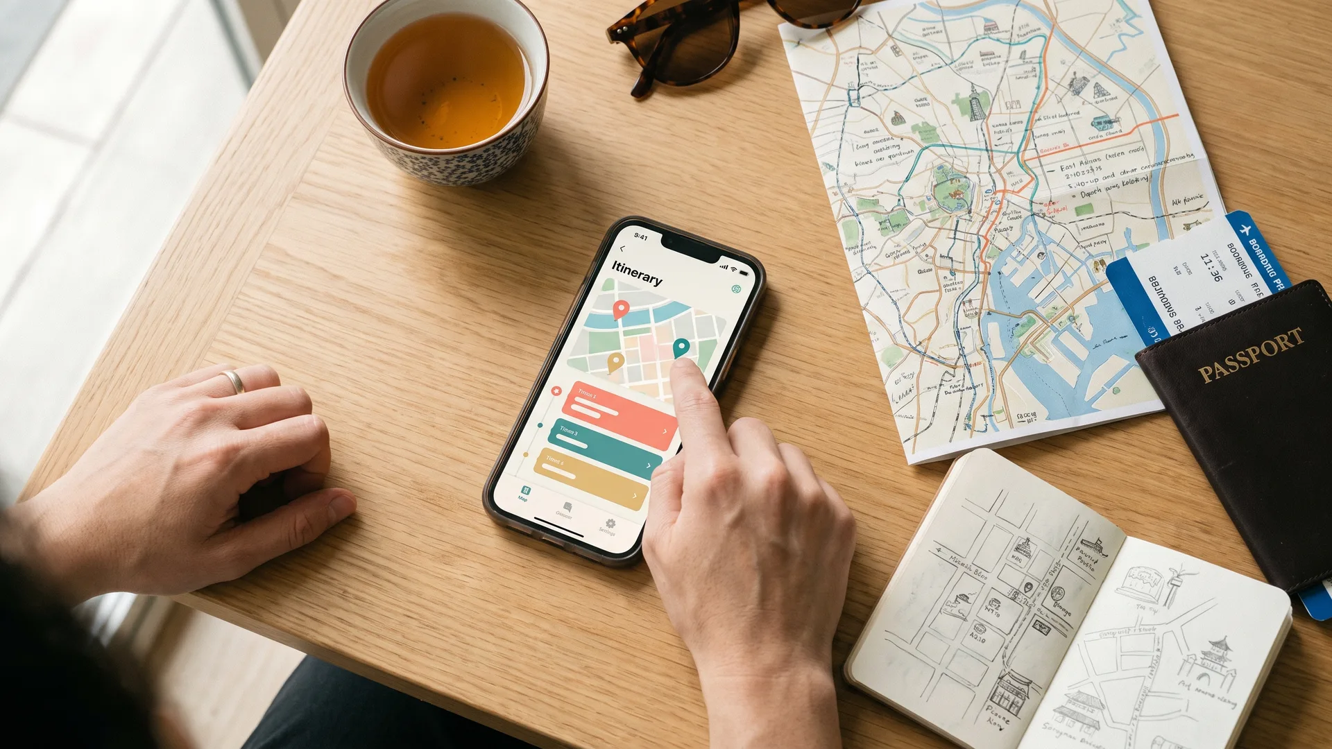 A phone showing an AI trip planner app with a map route, next to a paper map, a passport and a boarding pass on a desk