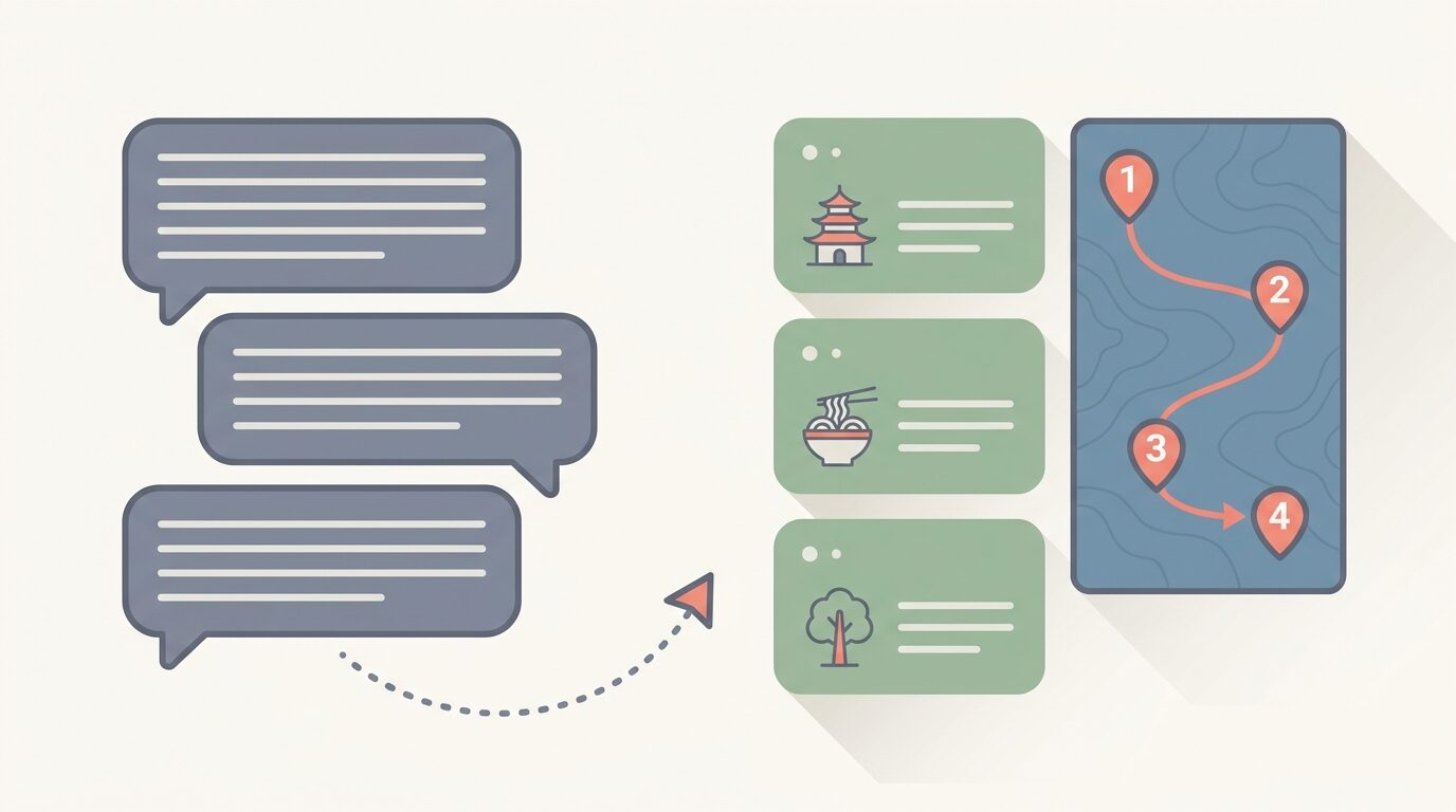 Illustration of stacked AI chat bubbles turning into day-by-day itinerary cards next to a map with a numbered route