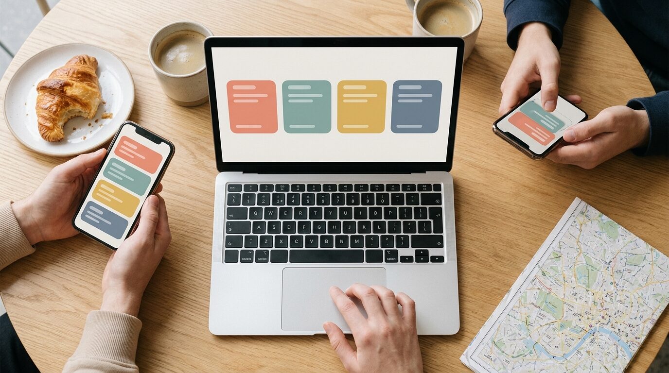 Three people around a round café table, two holding phones and one using a laptop, each screen showing the same four coloured itinerary cards, beside coffee cups, a croissant and a paper map